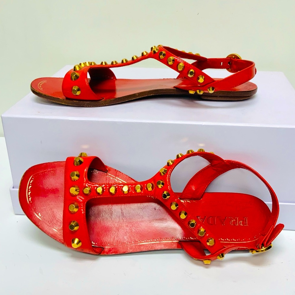 Prada red leather gold studded flat sandals 37.5 - Picture 2 of 9